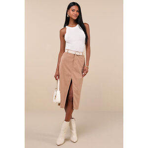 Lulus Refreshing Romance Tan Corduroy Midi Skirt Brown - Size M